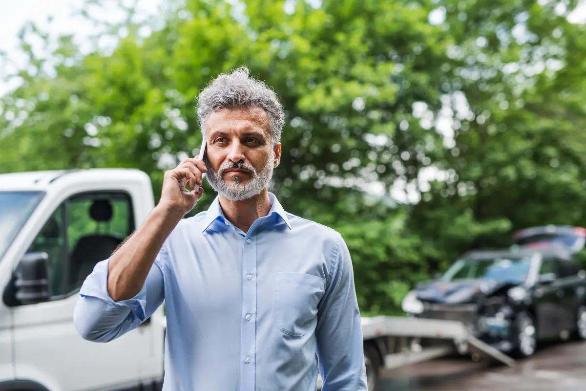 A bearded man on his phone with a wrecked car in the background about the be put on a tow truck