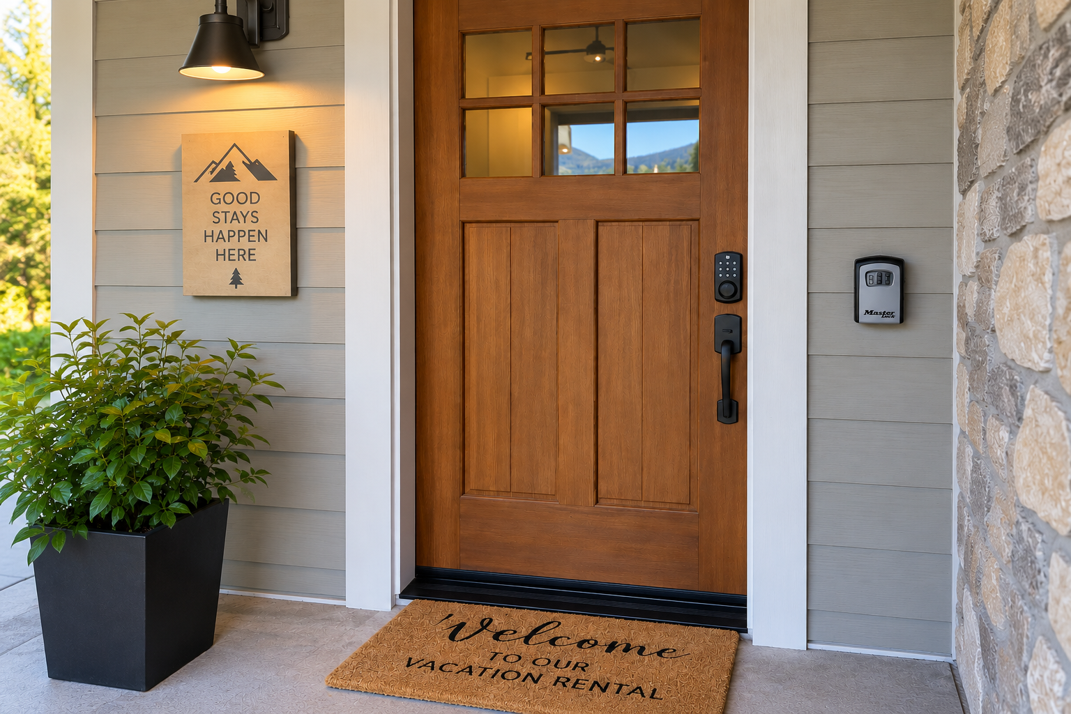 Entrance to a vacation rental with a brown door, lock box, welcome sign and door mat.